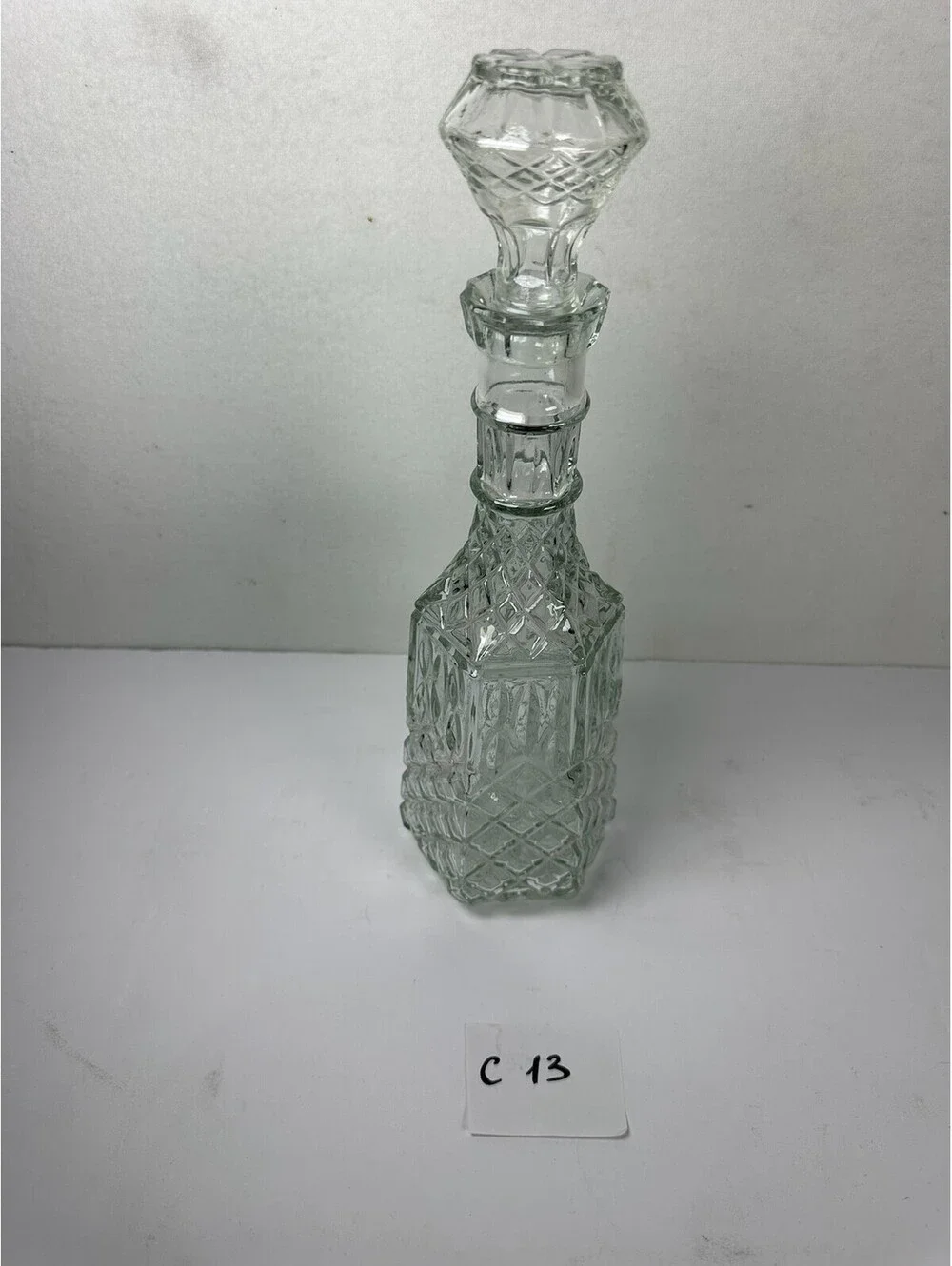 Vintage Clear Glass Decanter Diamond Cut Pattern Barware C 13